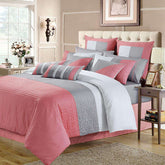 3 Pcs  Luxury Horizontal Pleats Duvet Set -   Grey And Pink
